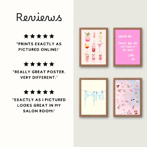 May include: Four framed art prints with brown wooden frames. One print features colorful cocktails, another has the text "Dear Me, Thank you for putting in the work, Love, Me." The other two prints depict a bikini and fashion items.