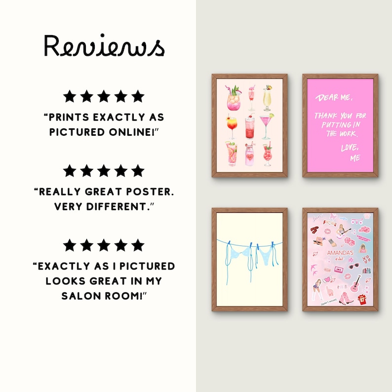 May include: Four framed art prints with brown wooden frames. One print features colorful cocktails, another has the text "Dear Me, Thank you for putting in the work, Love, Me." The other two prints depict a bikini and fashion items.