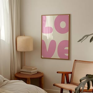 Póster de amor rosa, impresión de pared de los años 70, póster preppy, impresión de pared de moda, impresión retro, arte de amor, póster maximalista, arte de pared tipográfico, arte de pared psicodélico