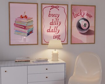 Set of 4 Pink, Dilly Dallying Red Wall Art Prints, Playful & Stylish Digital Downloads