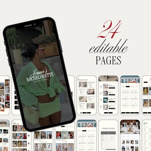 Op de afbeelding: Een smartphone toont een sjabloon voor het plannen van een vrijgezellenfeest met 24 bewerkbare pagina's. Het telefoonscherm toont een vrouw in een groene outfit. Extra schermen tonen kameropties, outfitideeën en kostenberekeningen.