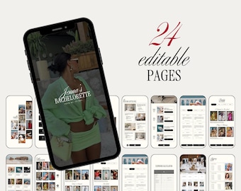 May include: A smartphone displays a bachelorette party planning template with 24 editable pages. The phone screen shows a woman in a green outfit. Additional phone screens show room options, outfit ideas, and expense calculations.