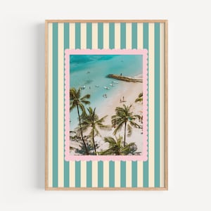 Tropical Beach Print: Surfers, Palm Trees, Pink & Green Stripes (Digital Download)