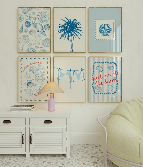Blue Coastal Beach Gallery Wall, Digital Art Download, 6 Printables, Cute Summer Art Prints, Girly Wall Art, Trendy Beach House Decor