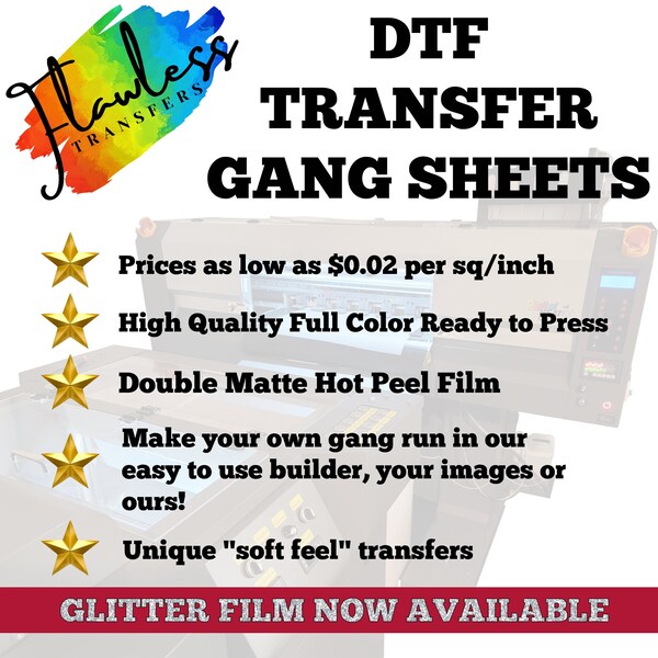 Custom DTF Transfers, Gang Sheet DTF Transfers, Ready For Press, Direct To Film, Hot Peel Transfer, Custom DTF Prints, Wholesale Pricing