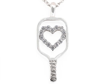 Large Sterling Silver and CZ Heart Pickleball Pendant including 2.3mm Sterling Silver Cable chain adjustable to wear at 16", 17" or 18".