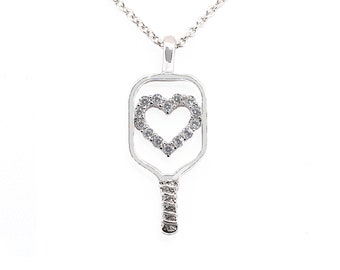 Sterling Silver Pickleball Pendant: CZ Heart Necklace, Adjustable Chain