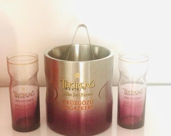 Tekirdag Raki Okuzgozu Bogazkere Theme Raki Glasses and Ice Bucket Set