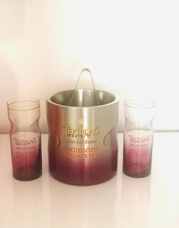 Tekirdag Raki Okuzgozu Bogazkere Theme Raki Glasses and Ice Bucket