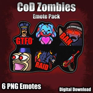 Könnte beinhalten: Eine digitale Download-Grafik mit sechs Emotes zum Thema "CoD Zombies". Die Emotes umfassen einen Zombie-Polizisten, ein blaues Kaninchen mit einem Herzen, einen Zombie mit einem "BAN"-Schild, einen Zombie mit einem "RAID"-Schild, einen Zombie mit einem "GTFO"-Schild und eine rote Laserpistole.