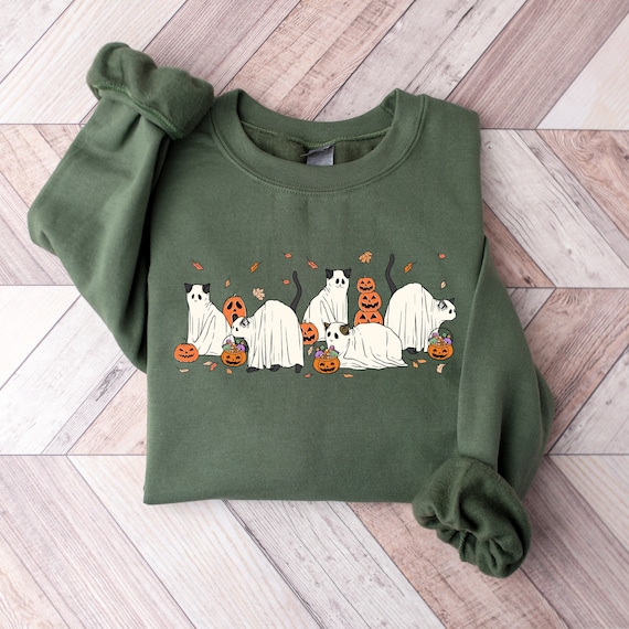Halloween Ghost Cat Sweatshirt, Cat Halloween Sweatshirt, Cute Cats Halloween Shirt, Ghost Black Cat Shirt, Spooky Season Ghost Cats T-shirt
