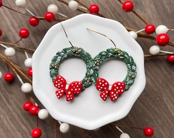 Handmade Polymer Clay Christmas Wreath Dangle Earrings