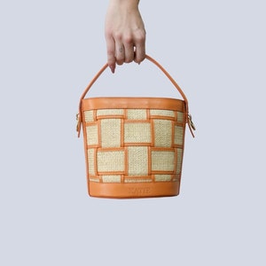 Bolso brasileño naranja de paja y piel auténtica con correas, bolso de mano, bolso de mano con asa, monedero, bolso bandolera elegante de lujo para playa y verano