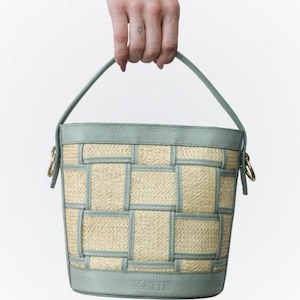Bolso brasileño verde de paja y piel auténtica con correas, bolso de mano, bolso de mano con asa, monedero, bolso bandolera elegante de lujo para playa y verano