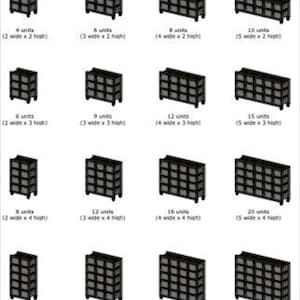 May include: A grid of black storage units in various sizes, each labeled with the number of units, width, and height. The units are designed with multiple compartments and are suitable for organizing items.