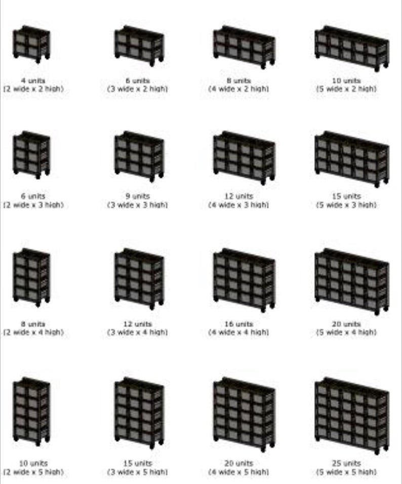 May include: A grid of black storage units in various sizes, each labeled with the number of units, width, and height. The units are designed with multiple compartments and are suitable for organizing items.