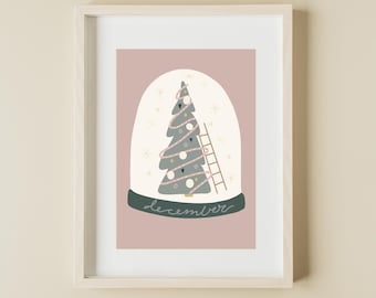 Puede incluir: Una ilustración rosa y blanca de un globo de nieve con un árbol de Navidad verde en su interior. El árbol está decorado con luces rosas y blancas y una escalera se apoya en él. El texto "Diciembre" está escrito debajo del globo de nieve.
