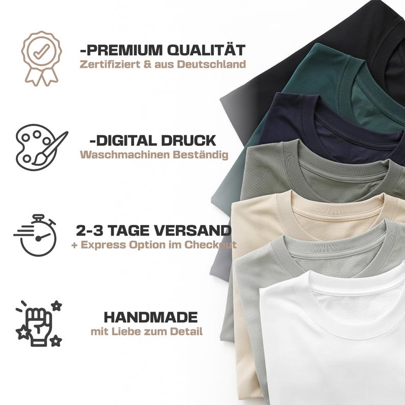 May include: A stack of various colored crew neck t-shirts. Colors include black, dark green, navy, olive green, beige, light gray, and white. Text on the left side reads "PREMIUM QUALIT&Auml;T", "DIGITAL DRUCK", "HANDMADE".