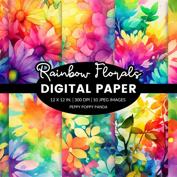 Rainbow Floral Digital Paper Backgrounds, Colorful Flower Illustrations, Fun Watercolor Textures - Digital Download