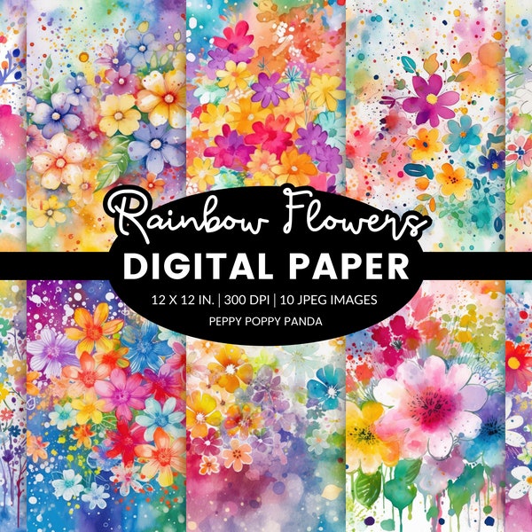 Rainbow Flower Digital Paper Backgrounds, Bright Floral Illustrations, Summer Textures - Digital Download