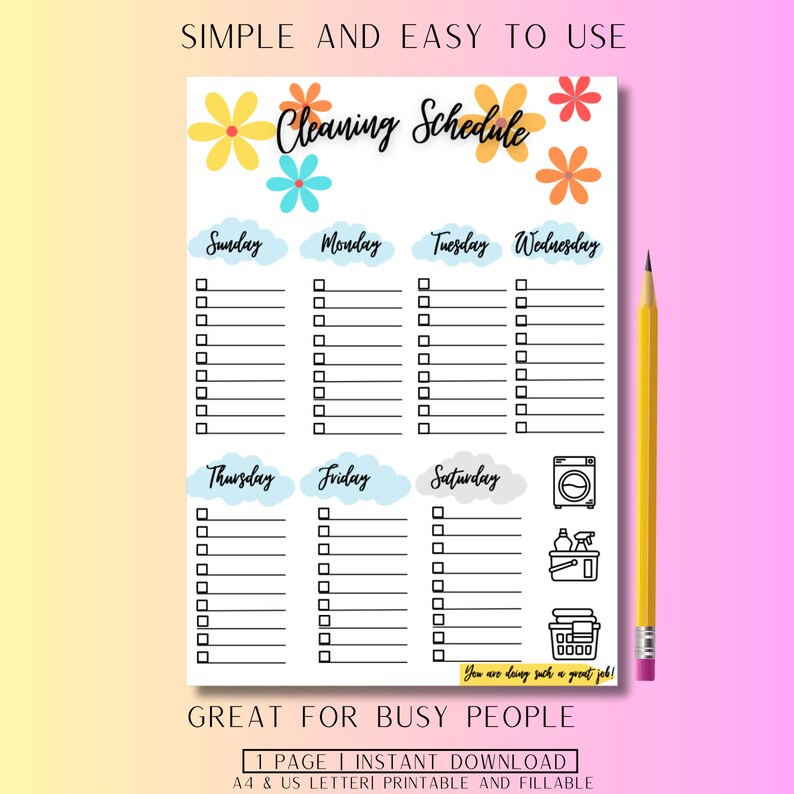 Editable Cleaning Schedule, Printable, Cleaning Checklist, Weekly