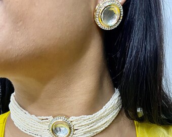 Hina Khan Choker/ Kundan Choker Necklace Jewelry Set With Earrings/ Indian Necklace Set/ Pearl Necklace Set