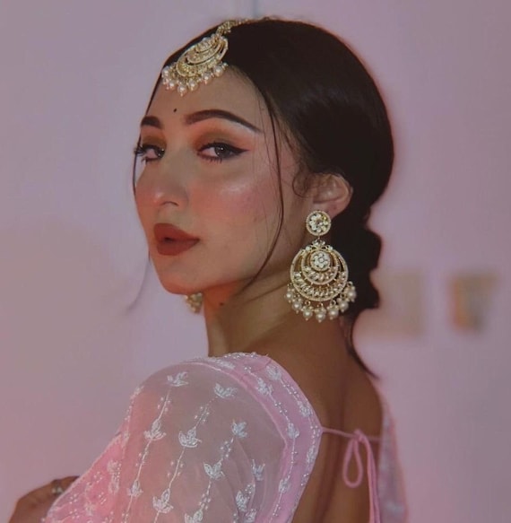 Rivaz Kundan Polki Chandbali Earrings Set with Maang Tika