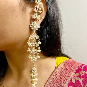 Mira Kundan and Moti Long Earrings with hair chain