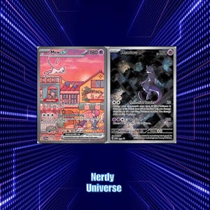 Puede incluir: Dos cartas coleccionables Pokémon una al lado de la otra. La carta de la izquierda es Mew ex con 180 HP, con una escena urbana en tonos rosados. La carta de la derecha es Mewtwo con 130 HP, mostrando un paisaje urbano nocturno oscuro y detallado.