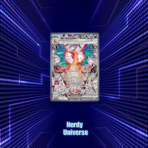 Puede incluir: Una carta coleccionable Charizard ex con una ilustración holográfica de una criatura tipo dragón con escamas naranjas y alas multicolores. La carta muestra 330 HP, la habilidad Infernal Reign y el ataque Burning Darkness sobre un fondo.