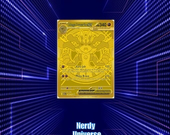 May include: A gold-colored Mega Lucario EX trading card with the number 340. The card features a detailed illustration of Lucario and text that reads "Aura Jab" and "Mega Brave". The card is set against a blue background with the text "Nerdy Universe".