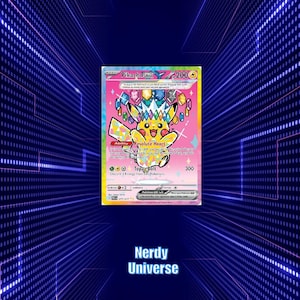 Può includere: Una carta collezionabile Pikachu GX con uno sfondo rosa vivace e una finitura olografica. La carta mostra Pikachu che indossa una corona di gemme colorate, con il testo Pikachu GX, 200 HP, Resolute Heart e Topaz Bolt.