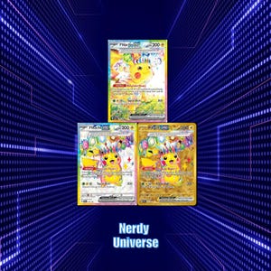 Puede incluir: Tres cartas coleccionables de Pikachu que muestran al personaje con una corona colorida y el texto Pikachu ex, 200 HP, la habilidad Corazón Resuelto y el ataque Rayo Topacio. Las cartas presentan patrones amarillos, dorados y holográficos.