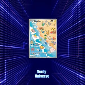 Pode incluir: Um cartão Pokémon Pikachu com uma cena de praia com vários personagens Pokémon surfando e relaxando. O cartão tem uma borda azul e branca e o texto "Pikachu" e "Surf". O fundo é um design digital azul.
