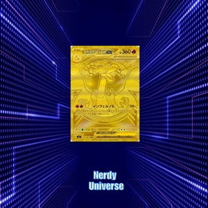 Peut inclure: Une carte à collectionner de couleur dorée présentant une illustration de dragon stylisée, le texte "360 HP" et des caractères japonais. La carte affiche un symbole d'énergie feu, des détails d'attaque et un numéro d'identification unique en bas.