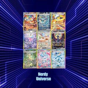 以下が含まれることがあります： カラフルなキャラクターイラストが描かれた、9枚のトレーディングカード。各カードは、鮮やかな色と詳細なアートワークを備えたユニークなデザインです。カードは、「Nerdy Universe」というテキストが入った青色の背景に表示されています。