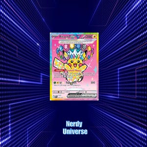 May include: A Pikachu ex Pokémon card with a pink background and a yellow Pikachu character. The card features the text "Resolute Heart" and "Topaz Bolt". The card has a holographic design with a "Nerdy Universe" logo at the bottom.