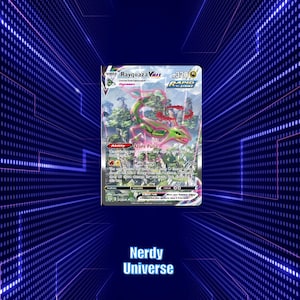 May include: A Rayquaza VMAX Pokémon trading card with a green and pink dragon illustration. The card features the text "Rayquaza VMAX" and "Rapid Strike". The background is a blue and purple digital design with the text "Nerdy Universe".