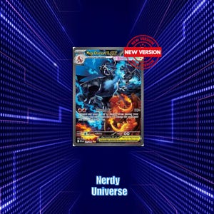 Könnte beinhalten: Eine Mega Charizard X EX Sammelkarte mit einem dunkelblauen und schwarzen drachenartigen Wesen, das von blauen und orangefarbenen Flammen umgeben ist. Die Karte zeigt den Text Mega Charizard X EX, Inferno X und einen roten Stempel NEW VERSION.