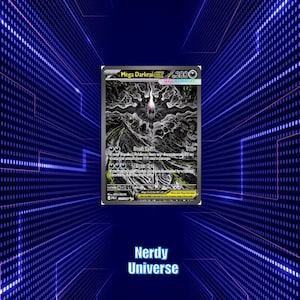 Puede incluir: Una carta coleccionable Mega Darkrai EX con 280 HP, que presenta una ilustración abstracta oscura y arremolinada. La carta muestra los ataques Dusk Raid y Abyss Eye, junto con las reglas de Mega Evolución y detalles en color amarillo.