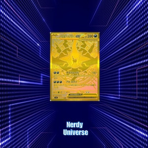 Puede incluir: Una carta coleccionable Mega Darkrai EX de color dorado con una ilustración central del Pokémon, un valor de 280 HP y texto en japonés que incluye los movimientos Night Raid y Abyss Eye, sobre un fondo azul oscuro con patrones de rejilla digital.