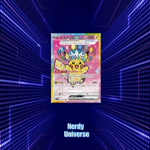 May include: A colorful Pikachu trading card with Japanese text. The card features a yellow Pikachu character with a crown and gem-like accents. The background is pink with additional Japanese text and the card's power level.
