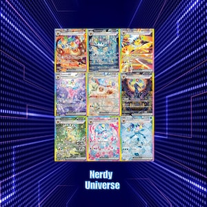 Puede incluir: Una colección de nueve coloridas cartas coleccionables con diversas ilustraciones de criaturas, cada una con temas elementales, texto y estadísticas numéricas, dispuestas en una cuadrícula de tres por tres sobre un fondo digital azul oscuro.
