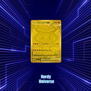 Op de afbeelding: Een goudkleurige Mega Zygarde EX ruilkaart met een metallic afwerking. De kaart toont de naam Mega Zygarde EX, 310 HP, en de aanvallen Gaia Wave en Nullifying Zero met hun bijbehorende tekstbeschrijvingen en energiesymbolen.