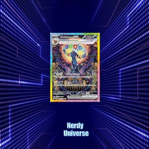 Op de afbeelding: Een verzamelbare Umbreon EX-ruilkaart met een levendige, veelkleurige artistieke illustratie van het personage omringd door gloeiende elementaire symbolen, met de tekst Umbreon EX, 280 HP, Moon Mirage en Onyx op de kaart gedrukt.