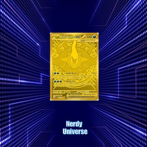 Peut inclure: Une carte à collectionner Mega Darkrai EX de couleur dorée avec une illustration centrale d'une créature sombre, portant le texte Dusk Raid 110+ et Abyss Eye. La carte affiche 280 PV, divers symboles de jeu et des informations de série.