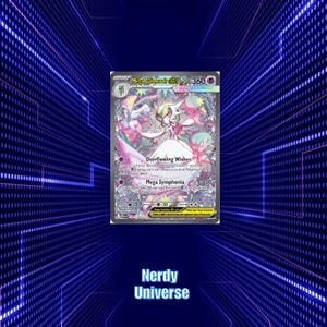 May include: A Pokémon trading card featuring Mega Gardevoir EX with a holographic design. The card displays a white and pink illustration of Gardevoir, with text including "Overflowing Wishes" and "Mega Symphonia". The card is set against a blue background with the text "Nerdy Universe".