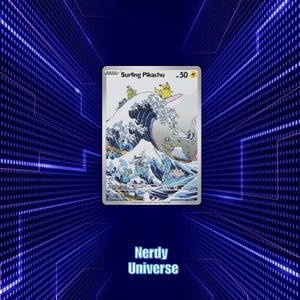 May include: A Surfing Pikachu trading card featuring a large blue wave illustration with various Pokémon characters, including Pikachu on a surfboard, Squirtle, and Lapras. The card displays the text Surfing Pikachu, 50 HP, and Surf.