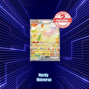 Puede incluir: Una carta coleccionable Mew ex que muestra una criatura rosa flotando sobre un campo de flores amarillas y blancas. La carta incluye texto en chino, un sello rojo que indica 2 Versions A y B, y un borde plateado sobre fondo azul.
