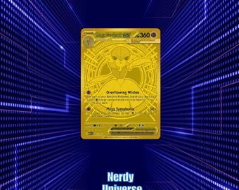 May include: A gold-colored Mega Gardevoir EX trading card with the text "Overflowing Wishes" and "Mega Symphonia". The card has a gold border and a stylized illustration of a creature. The background is a blue and purple digital design with the text "Nerdy Universe".